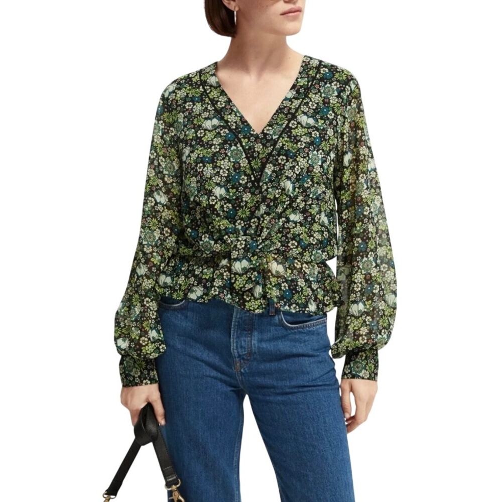 SCOTCH AND SODA Floral Printed Sheer Top Large Long Sleeve Tie Front V-neck